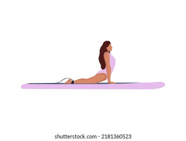 Yoga sup boarding. Paddle board and woman practicing yoga in Upward-Facing Dog pose. Stand up paddle collection. Water sport. Sup surfer cartoon flat vector illustration isolated from background.