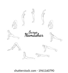 Yoga surya namaskar sequence. Sun salutating woman, morning yoga flow with all steps. Sketch vector illustration