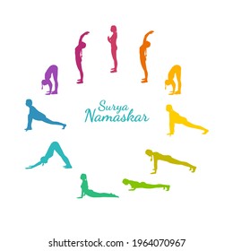 Yoga surya namaskar sequence. Sun salutating woman, morning yoga flow with all steps. Rainbow colored vector illustration