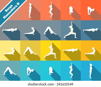 Yoga. Surya namaskara B. Sun salutation complex. White silhouettes and colorful background.