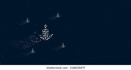A yoga symbol filled with dots flies through the stars leaving a trail behind. Four small symbols around. Empty space for text on the right. Vector illustration on dark blue background with stars