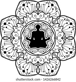 Yoga symbol, monochrome mandala art. Meditating character silhouette. Oriental vector drawing
