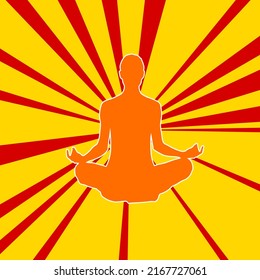 Yoga symbol on a background of red flash explosion radial lines. The large orange symbol is located in the center of the sun, symbolizing the sunrise. Vector illustration on yellow background