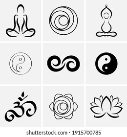 Yoga symbols. Oriental design element. Hand drawn set icon. Doodle vector stock illustration. EPS 10