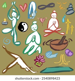 Yoga with symbols, relax and poses. Vector isolated graphic, brush, strokes, ink like doodle.