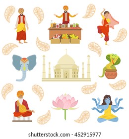 Yoga, Taj Mahal And Other Indian Cultural Symbol Drawings Vector de stock