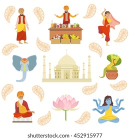 Yoga, Taj Mahal And Other Indian Cultural Symbol Drawings