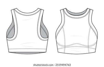 Yoga Tank Top technische Mode Illustration. Vektorvorlagengrafik oben im Tank. Vorder- und Rückseite. Sportbekleidung. Oben zuschneiden. Ladys. weiße Farbe. CAD-Mustersatz. 