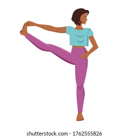 Yoga. A tanned girl stands in the utthita haste padangustasana pose. Vector illustration on an isolated white background.