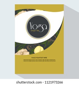 Yoga Tea Branding and Packaging  with Ginger root and leaves. Trendy style with Yoga Ginger tea. Tea Branding Element for design invitations, gift cards, flyers and brochures.