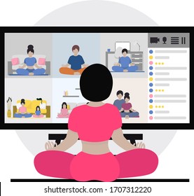 El profesor de yoga da una lección con videoconferencia. Gurú enseñando meditación a la gente con Internet. Concepto de yoga en línea y educación en casa. Ilustración de estilo plano. 