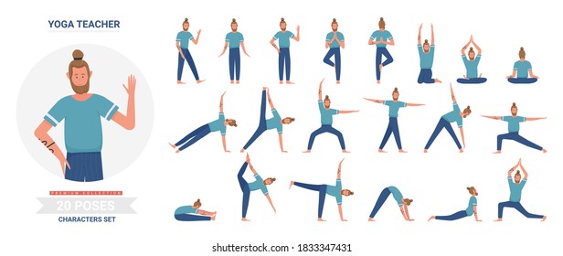 Yoga teacher poses vector illustration set. Cartoon flat yogist man character doing yogi asana exercise, meditating, sitting in lotus posture, infographic relaxation activity routine isolated on white