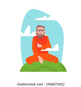 Yoga teacher.Portrait of a young bearded man ,sitting on a meditative pose.Vector illustration