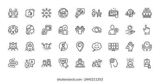 Yoga, Teamwork and Engineering line icons pack. AI, Question and Answer, Map pin icons. Fake information, Inspect, Buying process web icon. Smile, Lawyer, Cursor pictogram. Vector