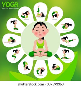 Yoga template with poses and titles on green background. Yoga Poses Infographic Elements with captions. Vector illustration.