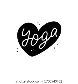 Yoga text in heart shape. Only one single word. Printable graphic tee. Design doodle for print. Vector illustration. Cartoon hand drawn calligraphy style. Black and white badge