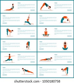 Yoga and text sample web pages collection with headlines and buttons, information and yoga poses, woman and info vector illustration isolated on white