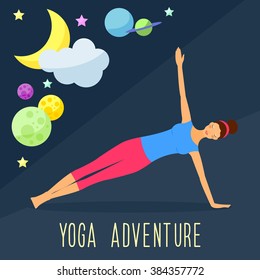 Yoga theme. Trendy flat style. Template for use in design for card, invitation, poster, banner, placard, diary, brochures, notebook, album, sketch book cover