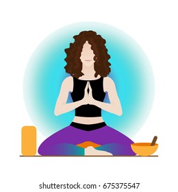 Yoga theme vector with a colorful yogi sitting in Burmese style and hands in prayer position.