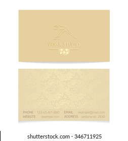 Yoga themed horizontal business card template - gold silk print of front and back sides - woman silhouette in yoga pose, lotus and paisley ornament with copy space