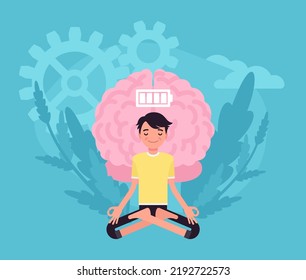 Yoga Therapy, Brain Activation Technique, Stress Relief. Man Meditating In Lotus Pose. Balance Emotions, Intellect Pleasure Development, Memory Harmony, Neurology Cognitive Health. Vector Illustration