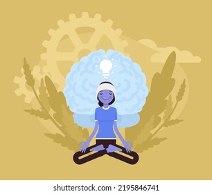 Yoga Therapy, Brain Activation Technique, Stress Relief. Woman Meditating, Lotus Pose. Balance Emotions, Intellect Pleasure Development, Memory Harmony, Cognitive Health. Vector Creative Illustration