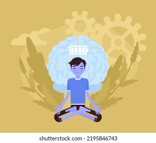 Yoga Therapy, Brain Activation Technique, Stress Relief. Man Meditating In Lotus Pose. Balance Emotions, Intellect Pleasure Development, Memory Harmony, Cognitive Health. Vector Creative Illustration