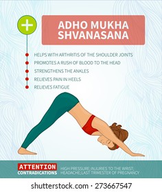 Yoga therapy. Yoga infographics. Adho Mukha Shvanasana