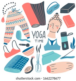 Yoga time card. Hand drawn elements set: clothes, aroma sticks, mat, bra, pants, block, strap. Vector flat illustration. Collection of yoga stuff, equipment. Sport, fitness, stretching accessories