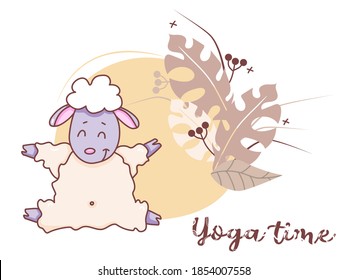 Yoga time. A cute lamb is engaged in a hobby - yoga, stretching while sitting in an asana. Farm animals yoga - funny sitting sheep on decorative background with tropical leaves and decor. Vector