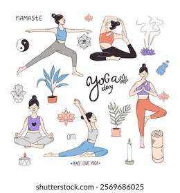 Yoga time elements set. Doodle set of women doing yoga. vector illustration.