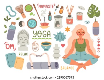 Yoga time elements set. Vector flat illustration