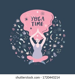 Yoga time. Flat vector illustration with many decorative elements. yoga health benefits of the body, mind and emotions, a pregnant woman in a yoga pose meditate. preparing woman for childbirth.