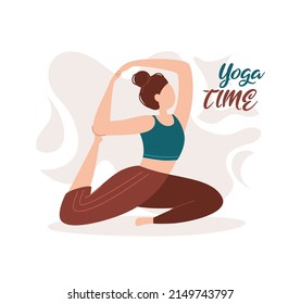 Yoga time. The girl is engaged in sports. Home yoga. Do sport at home. Flat vector illustration, banner