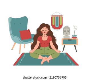 Yoga time girl in lotus position vector flat