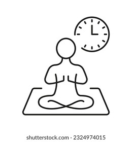 Yoga Time Line Symbol. Lineares Piktogramm für Harmonie, Achtsamkeit, Entspannung und Meditation. Uhren und Personen, die in Lotus Pose Rahmensymbol sitzen. Workout-Alarm. Bearbeitbarer Stroke. Einzelne Vektorgrafik.
