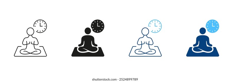 Yoga Time Line and Silhouette Icon Set. Harmony, Mindfulness, Relax and Meditation Pictogram. Clock and Person Sitting in Lotus Pose Symbol. Editable Stroke. Isolated Vector Illustration.