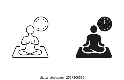 Yoga Time Line and Silhouette Icon Set. Clock and Person Sitting in Lotus Pose Symbol. Harmony, Mindfulness, Relax and Meditation Pictogram. Editable Stroke. Isolated Vector Illustration.