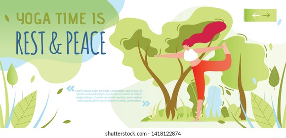 Yoga Time Motivation, Rest and Piece Inspirational Quote. Flat Vector Sport Banner with Cartoon Woman Doing Exercise and Stretching on Nature. Outdoors Activities and Relax Illustration