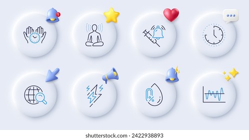 Yoga, Time and No alcohol line icons. Buttons with 3d bell, chat speech, cursor. Pack of Vaccine announcement, Lightning bolt, Internet search icon. Stock analysis, Safe time pictogram. Vector