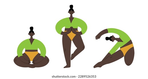 Yoga Time. Yoga pose. Women Sports Exercise, Fitness, Workout in Different Poses, Stretching. Flat vector illustration