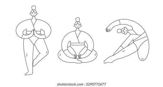 Yoga Time. Yoga pose. Women Sports Exercise, Fitness, Workout in Different Poses, Stretching. Vector Illustration