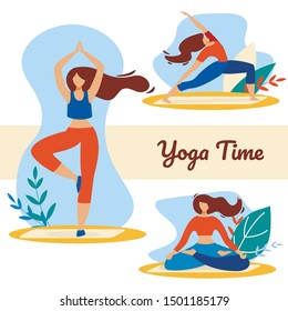 Yoga Time Set with Girls in Sports Wear Meditating in Different Poses, Engage Fitness, Outdoor Aerobics, Healthy Sport Lifestyle, Pilates Workout, Training Cartoon Flat Vector Illustration, Banner