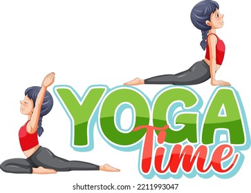 Yoga time text with women practicing yoga illustration