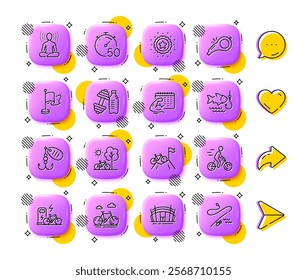 Yoga, Timer and Fishing line icons. App 3d buttons. Social media comment, share, like icons. Pack of Bicycle, Electric bike, Dumbbell icon. Vector