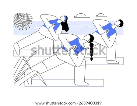 Yoga tour isolated cartoon vector illustrations. Group of people do yoga during concept tour, healthy and active lifestyle, travelling time, summer vacation, wellness trip vector cartoon.