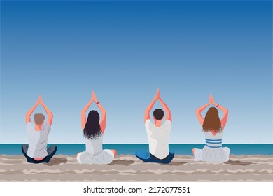 yoga tour for office workers. Yoga on the beach. Guys and girls meditate on the seashore. Banner for yoga tour on the sea