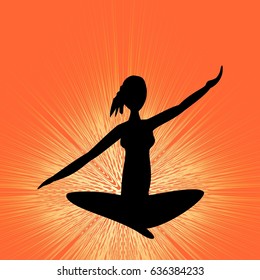 Yoga training banner with black girl silhouette in lotus position on orange background with rays
