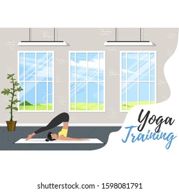 Yoga training banner in flat style. Young attractive girl in sportswear practicing yoga indoor. Healthy lifestyle, calmness and meditation in gym vector illustration. Harmonize yourself at yoga studio