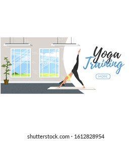 Yoga training banner in flat style. Young attractive girl in sportswear practicing yoga indoor. Healthy lifestyle, calmness and meditation in gym vector illustration. Harmonize yourself at yoga studio